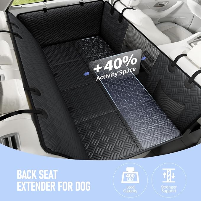 PROZAR Dog Car Seat Cover for Back Seat, Hard Bottom Back Seat Extender, Pet Cover for Dogs - Supports 400lbs, Waterproof Heavy Duty Scratch Dog Hammock for Compact Cars/SUVs, 51in -Black