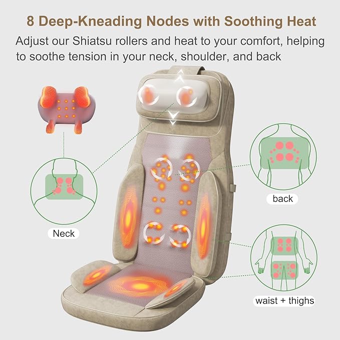 Rainwolf Shiatsu Neck and Back Massage Cushion with Heat - 4D Deep Tissue Kneading Full-Back Massager for Relief Muscle Soreness, Adjustable Intensity & Height, for Office Chair & Home