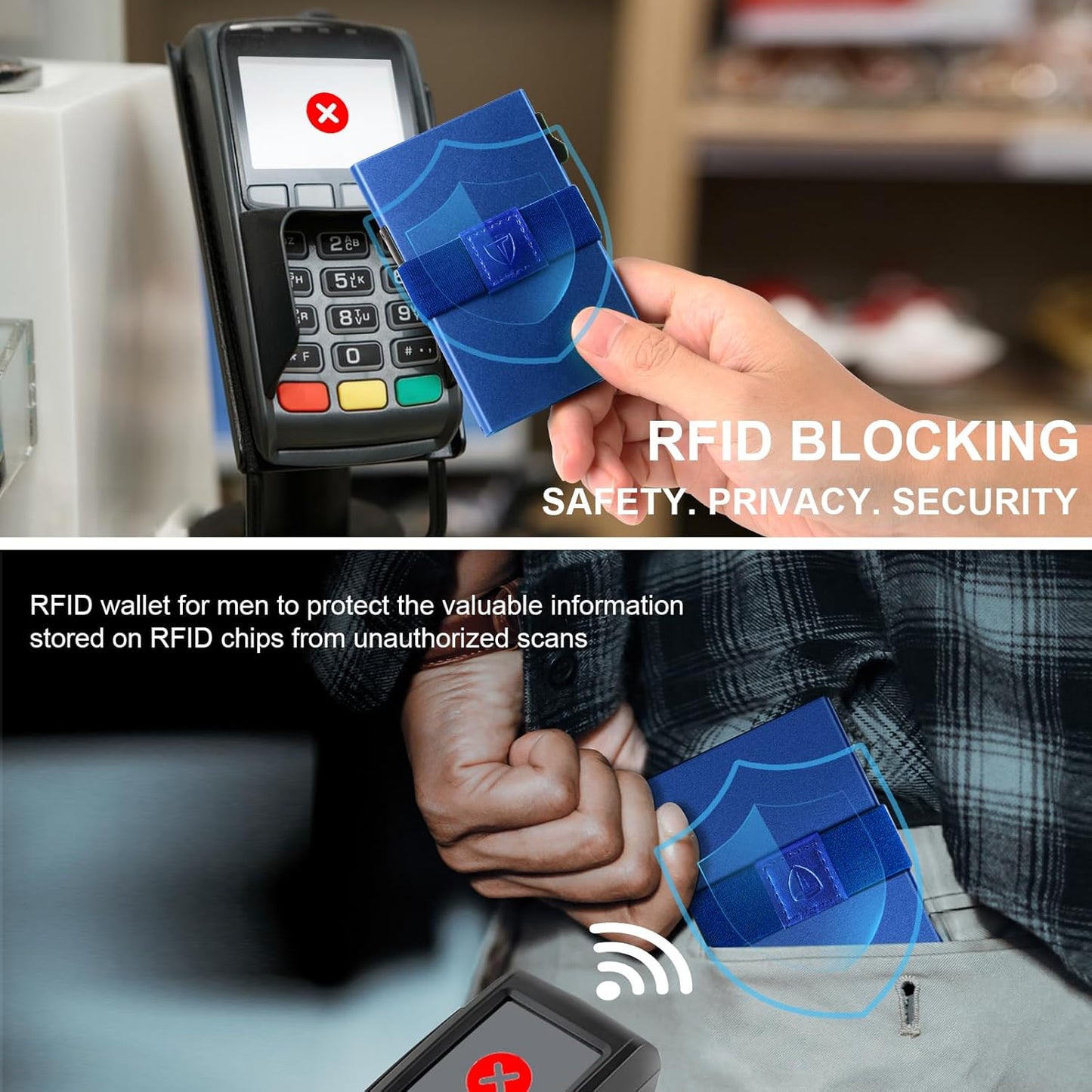 Slim Wallet for Men Aluminum Minimalist Pop Up Card Holder with RFID Blocking Protection Expandable Backplate Cash Band for Boyfriend/Dad/Friend,Holds 12+ Credit Card & Business Cards,Blue
