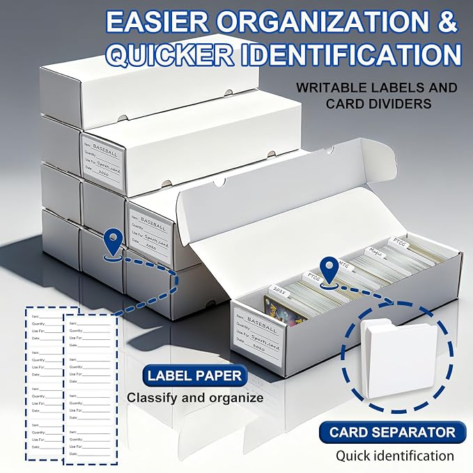 QINGUANG Trading Card Storage Box | 6 Pack • 1100 Count Bulk Card Storage Box | with Dividers | White Corrugated Cardboard Sport Card Organizer for Basketball Card/MTG/TCG/Magic Collection