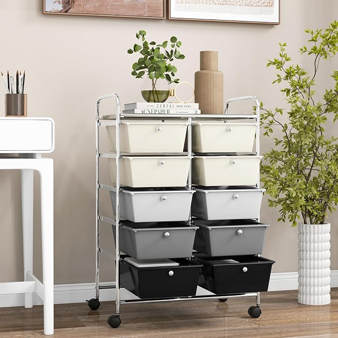 COSTWAY 10 Drawer Rolling Storage Cart, Utility Cart with Lockable Wheels | Mobile Art Supply Craft Organizer with Metal Frame, Multipurpose Drawer Cart for Paper for Office, School, Gray Gradient