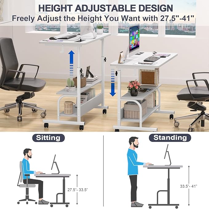 Armocity Height Adjustable Standing Desk with Power Outlets, 32" Manual Stand Up Desk with Storage Shelves Small Mobile Rolling Computer Desks Portable Laptop Table with Wheels for Home Office, White