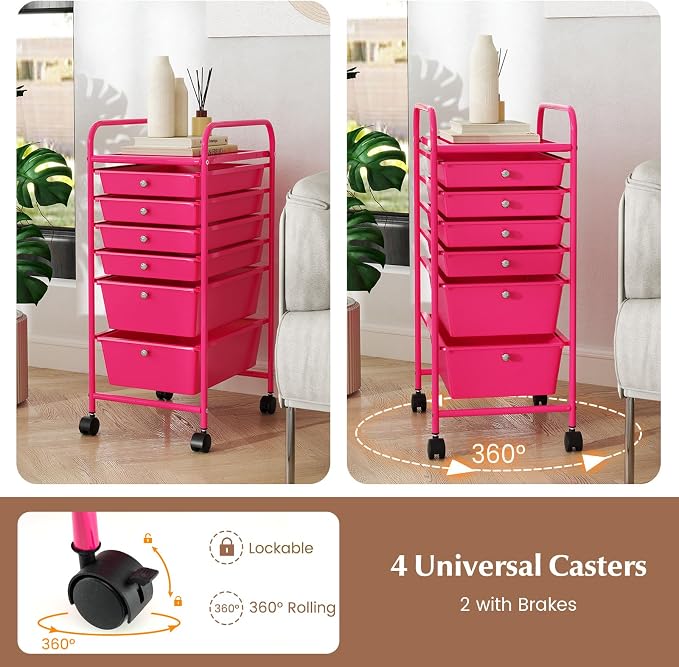 COSTWAY 6-Drawer Rolling Storage Cart, Art Craft Tools Organizer on Wheels | Multifunctional Heavy Duty Utility Mobile Storage Trolley w/ 2 Lockable Wheels for Home Office School (Hot Pink)