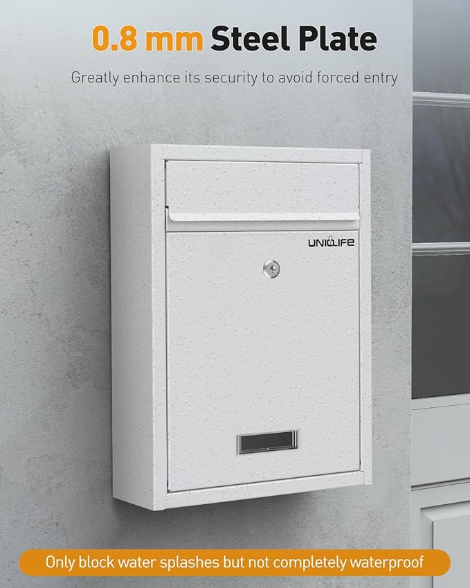 Uniclife Wall Mount Mailbox for Outside, Locking Mailbox, Large Mailbox with Key Lock, Security Mail Box for House, Safe Key Drop Box, Post Box, Steel Cash Drop Box for Home Office School, White