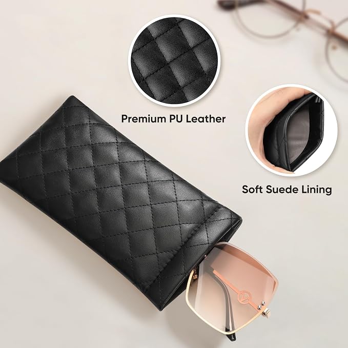 FINTIE Soft Eyeglasses Case with Cleaning Cloth, Portable Squeeze Top Vegan Leather Glasses Pouch, Sunglasses Eyewear Bag