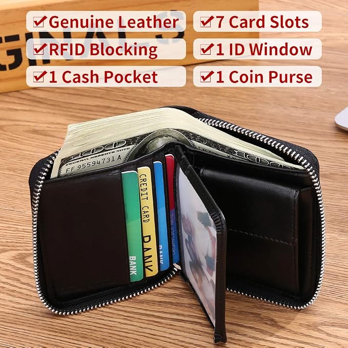 Wallets For Men Genuine Leather Short RFID Blocking Zip-around Bifold Wallet（Black）