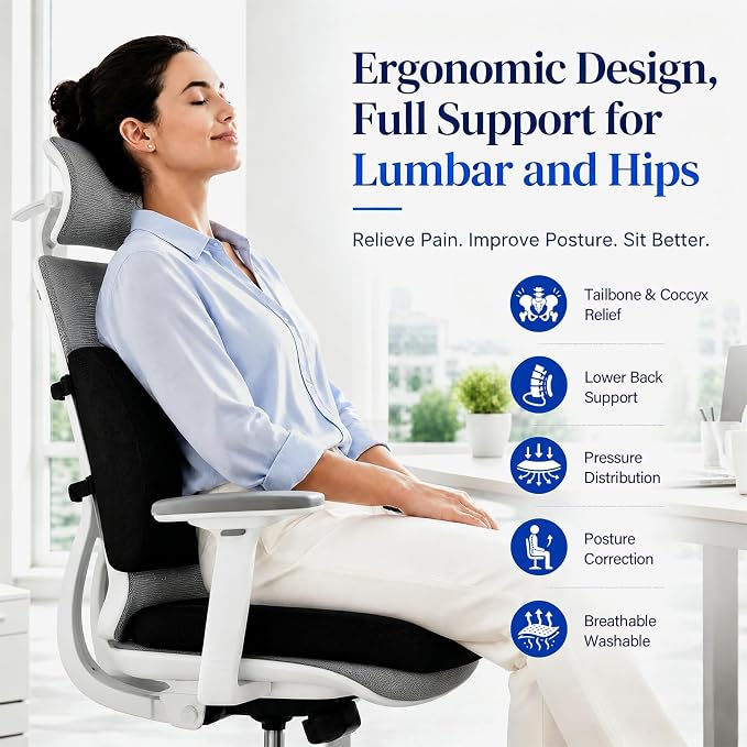 Ergonomic Seat Cushion & Lumbar Support Pillow for Office Chair | Memory Foam Seat Cushions for Tailbone Pain Relief, Sciatica & Lower Back Support for Desk Chair Car Home, Washable, Non Slip