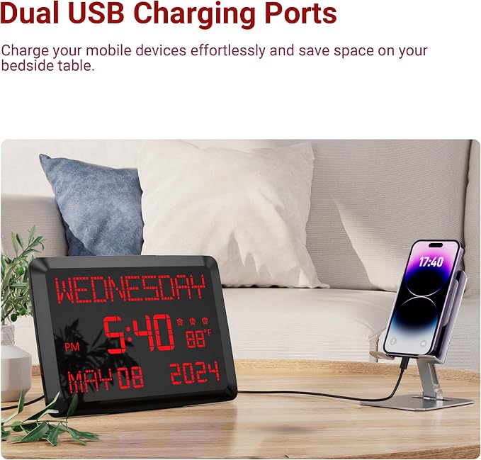 11.5” Extra Large Digital Wall Clock with Date and Day of Week , Electric Desk Clock for Seniors, Large Display Alarm Clock for Bedroom with Battery Backup, 5 Dimmer, 2 USB Ports, Indoor Temp, 12/24H