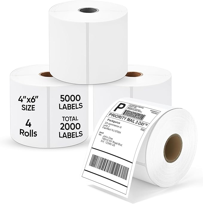 PackGurus 4"x6" Direct Thermal Label Roll, Shipping Labels with Perforated, Commercial Grade for Thermal Printer, 500 Labels/Roll, 4 Rolls (2,000 Labels Total)