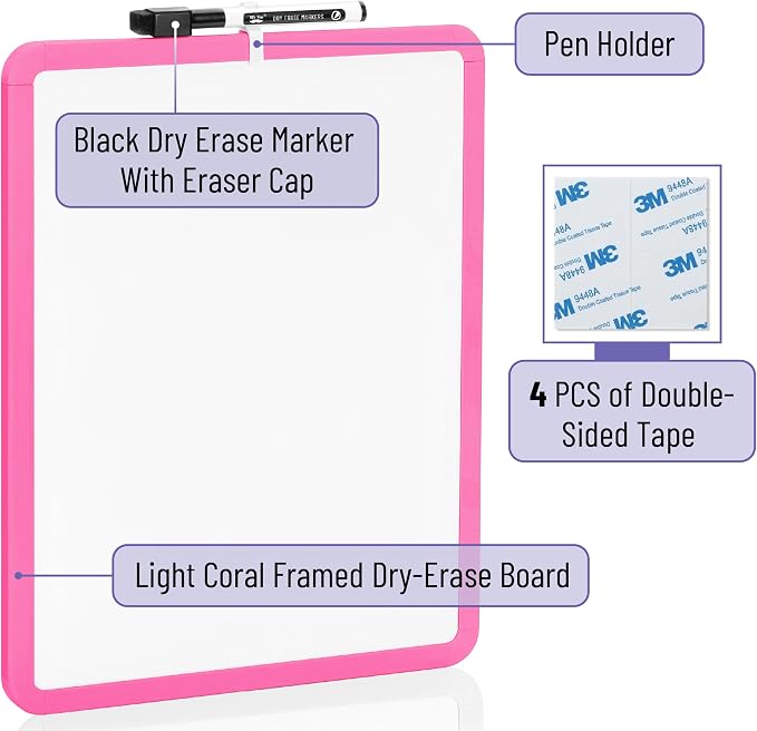 Mr. Pen- Dry Erase Board, 14” x 11” with a Black Dry Erase Marker | Light Coral Frame, Small Mini White Board for Students, Fridge, Wall, Locker, Includes Double Sided Tapes