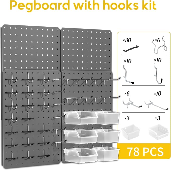 Steel Pegboard Tool Wall Organizer, 4 Pack 14.76 x 10.82 in, 6 Bins, Gray | 6 clear storage bins organize screws and small parts; 36 hooks and 30 peg locks keep garage tools sorted and easy to reach.
