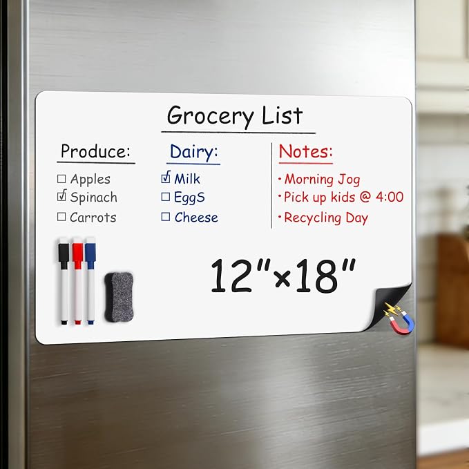 Magnetic White Board for Refrigerator Grocery Lists Stay Visible | Reusable Dry Erase Sheet for Family Shopping Needs - 18" x 12" Fridge Organizer Memo Board with Markers and Eraser