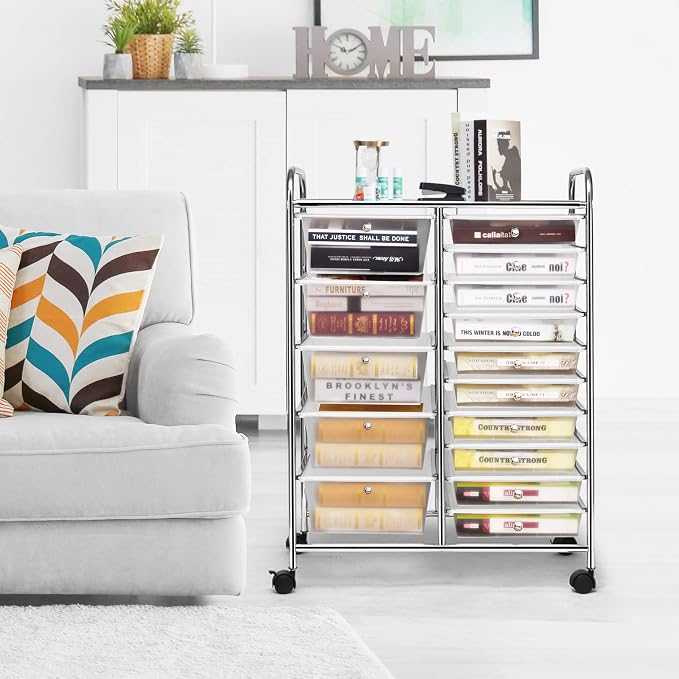 COSTWAY 15 Drawer Rolling Storage Cart, Mobile Storage Organizer | Removable Drawers & Metal Frame, Multipurpose Utility Tools Paper Organizer on Wheels for Home, Office (Transparent)