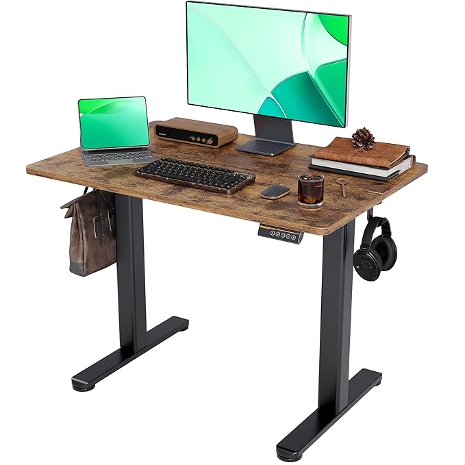 Claiks Electric Standing Desk, Adjustable Height Stand up Desk, 40x24 Inches Sit Stand Home Office Desk with Splice Board, Black Frame/Rustic Brown Top
