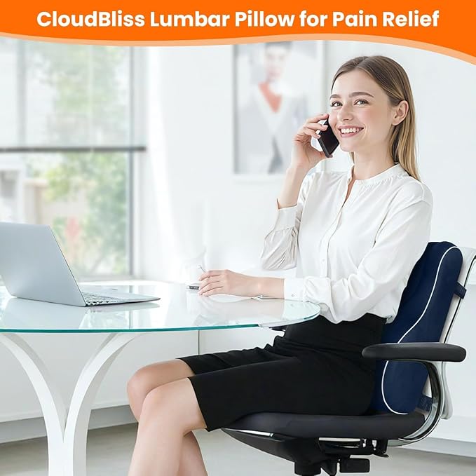 CloudBliss Lumbar Support Pillow, Memory Foam for Office, Standard, Blue | Ergonomic High-Density Memory Foam, Adjustable Straps, Washable Mesh Cover, Lower Back Support for Office, Gaming & Car Seat