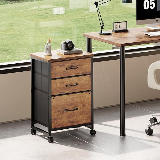 3 Drawer File Cabinet with Wheels with Open Storage Shelf, Rustic Brown2