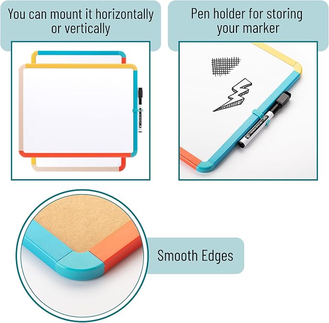 Mr. Pen- Dry Erase Board, 14” x 11” with a Black Dry Erase Marker, Colorful Frame, Small White Board, White Board for Kids | Colorful Frame, Small Mini White Board for Students, Fridge, Wall, Locker, Includes Double Sided Tapes
