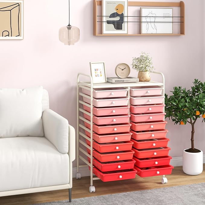 COSTWAY 20-Drawer Rolling Storage Cart, Utility Storage Organizer Cart | For Tools, Scrapbook, Paper, Craft, Multipurpose Storage Trolley on Wheels for Home Office School (Mixed Pink)