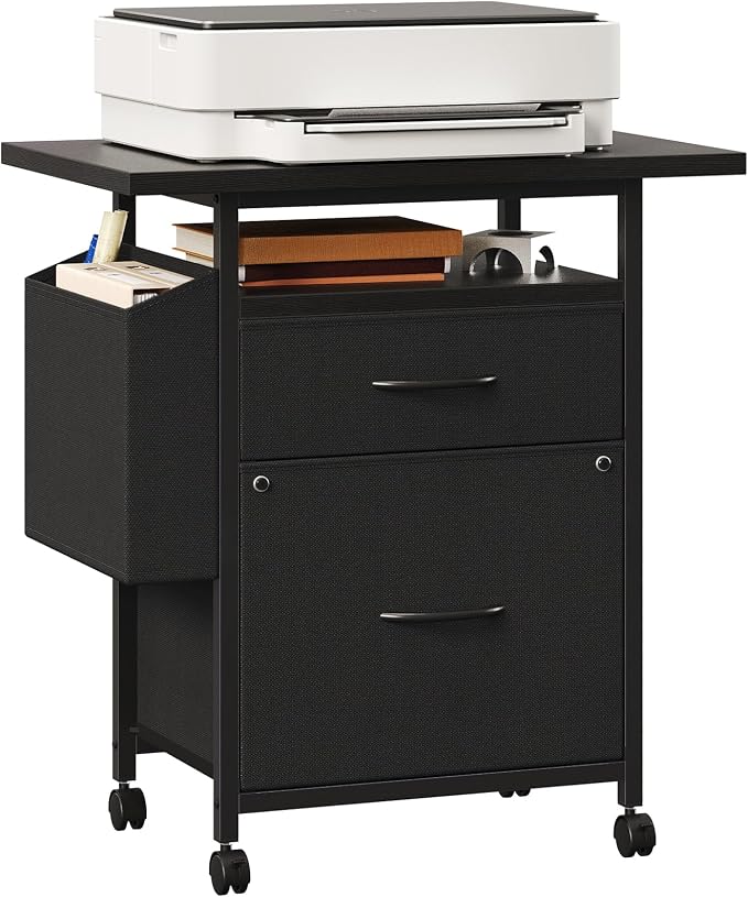 OLIXIS 2 Drawer File Cabinet with 24'' Wide Desktop, Rolling Printer Stand | Printer Cart with Lockable Wheels, Fabric Drawer Cabinet Under Desk with Storage Side Bag for Small Space, Home Office, Black