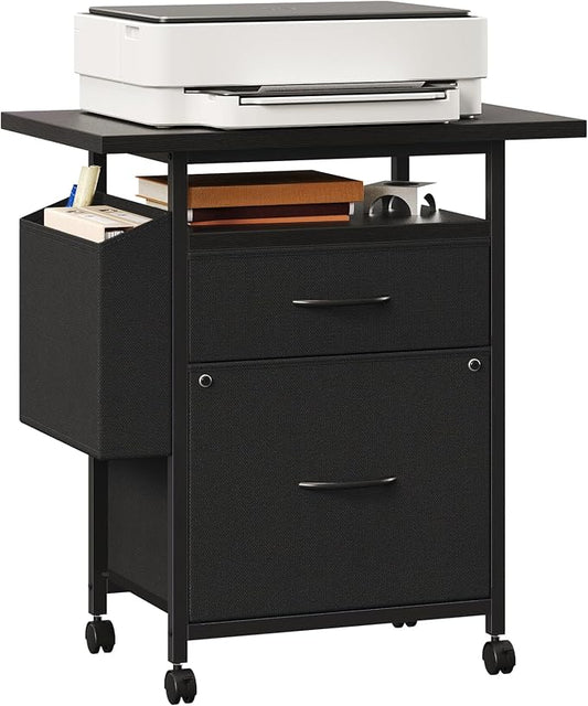 OLIXIS 2 Drawer File Cabinet with 24'' Wide Desktop, Rolling Printer Stand | Printer Cart with Lockable Wheels, Fabric Drawer Cabinet Under Desk with Storage Side Bag for Small Space, Home Office, Black