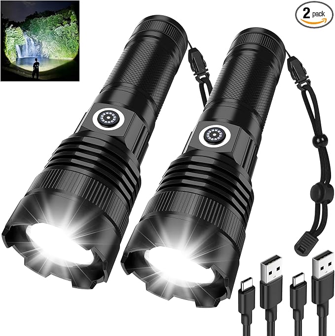 Rechargeable Flashlights High Lumens 2 Pack, Super Bright Tactical Flashlight 3 Modes with Power Display, Waterproof Zoomable LED Flash Light for Home Emergencies Camping Hiking