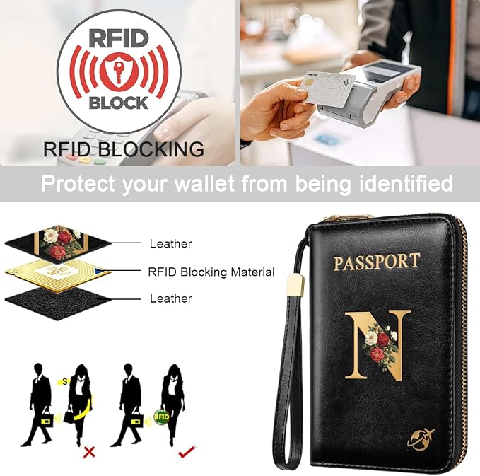 Passport Holder for Travel Personalized Wallet with Wristlet Women | Passport Cover, RFID Blocking, Passport Book Holders, Back Coin Pocket, Zipper Closure, Roses Initial Letter, Black N