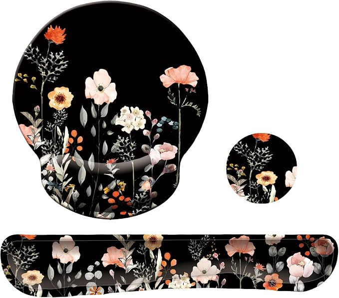 Keyboard Wrist Rest Pad Mouse Pad with Wrist Support Set of 3, Mousepad with Non-Slip Rubber Base, Ergonomic Memory Foam Mouse Wrist Cushion Support for Home Office Laptop Computer, Flower Black