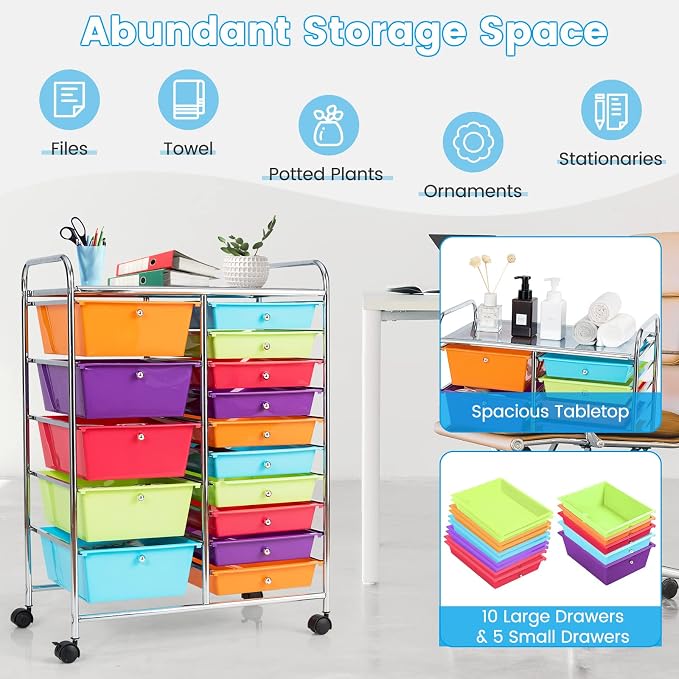 GLACER 15 Drawers Rolling Storage Cart, Steel Frame Craft Organizer Cart | Utility Cart w/Lockable Wheels & Handle, Mobile Art & Tool Supply Trolley for Teacher, Home, School, Office (Multicolor)