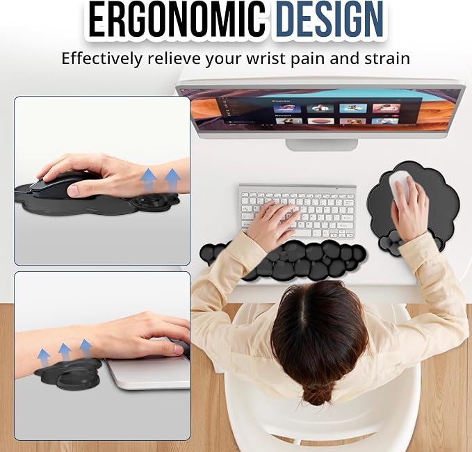 Keyboard Wrist Rest Set — Ergonomic Cloud Wrist Rest Keyboard and Mouse Pad, Non-Slip Desk Accessories for Office and Home（Black）