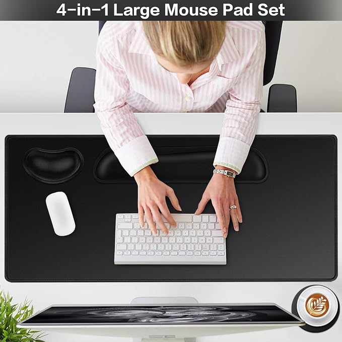 Mouse Pad Black, Mouse Pad with Wrist Rest, 4-in-1 Large Mousepad Keyboard | Wrist Rest+Mouse Pad Wrist Support+Cup Pad Set,Ergonomic Anti-Slip,Memory Foam Desk Mat for Home Office Gaming(35.4×15.7in)