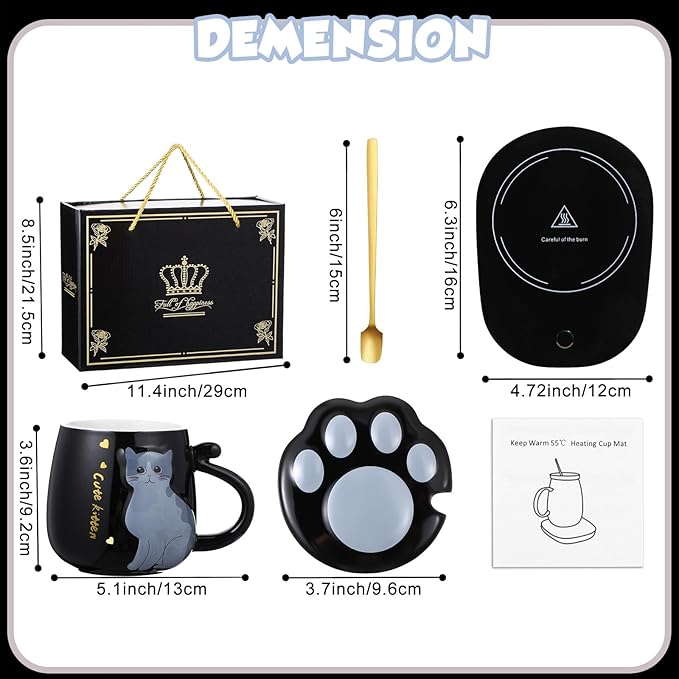 Honeydak Coffee Mug Warmer Cute Cat Mug Set Cup Warmer for Women Heated Coffee Warmers for Mom Home Office Desk Valentine's Day Anniversary Birthday Gifts(Cat,Black)