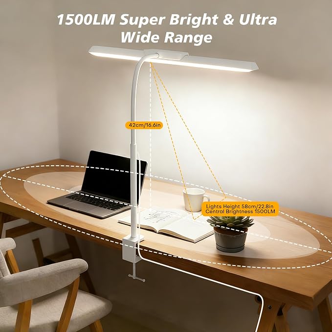 LED Desk Lamp for Office Home, Stepless Dimming Architect Desk Light with DC Adapter, Eye-Caring Desk Lamp with Clamp, 25 Lighting Modes Adjustable 12.8in Flexible Gooseneck for Workbench(White)