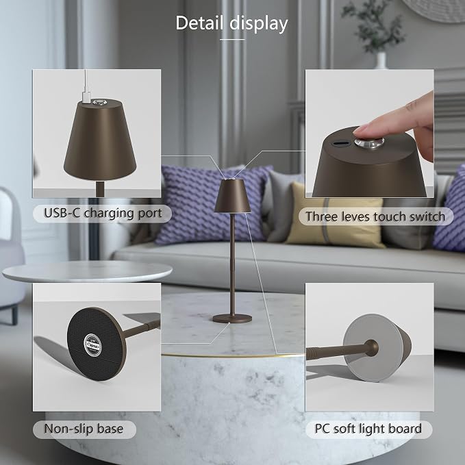Timjorman Modern LED Cordless Table Lamp, 4000mAh Rechargeable Battery, 3 Level Brightness Night Light, Metal Shell, Minimalist Design, for Couples Dinner/Coffee Table/Restaurant/Bedroom, Khaki
