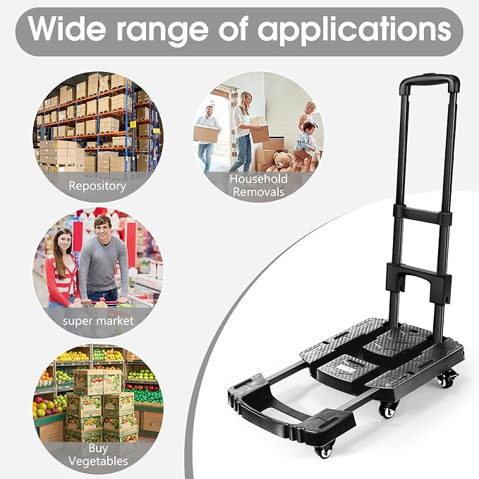Voipvvii Folding Hand Truck 500lbs, Portable Heavy Duty Dolly Cart, 6 Wheels Collapsible Luggage Cart with 2 Elastic Ropes - Compact Trolley Cart for Easy Moving - Ideal Hand Cart for Travel and More