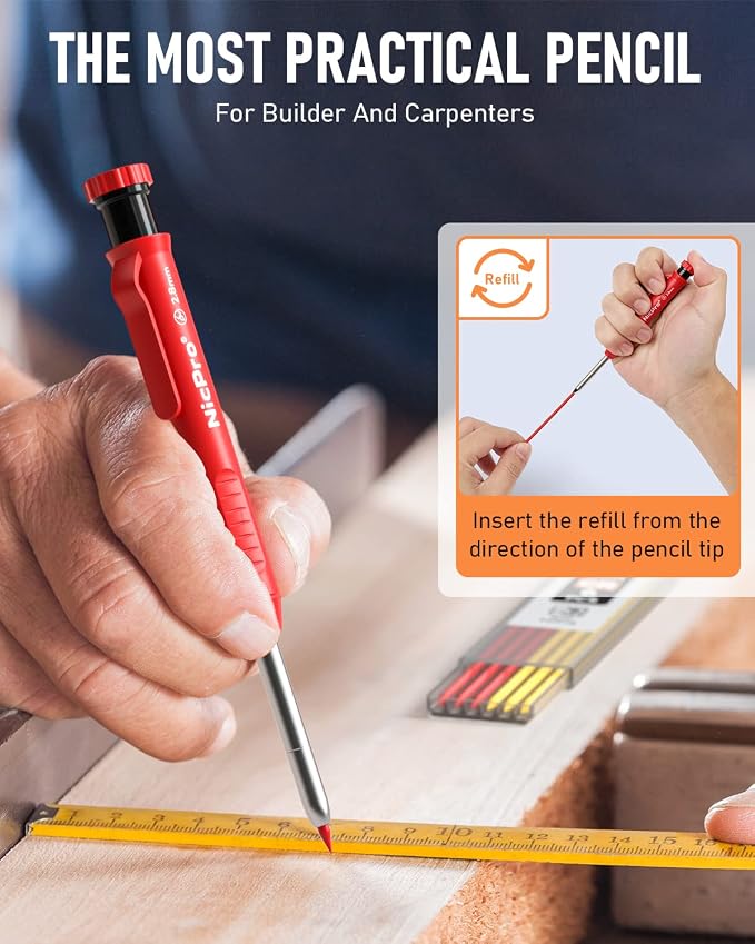 Nicpro CP1000 Carpenter Pencils with Sharpener, 6 Pack | ction Pencil+66 Refill & Long Nib Marker Pen, Heavy Duty Woodworking Tool Pencil for Construction Marking Comfort Grip