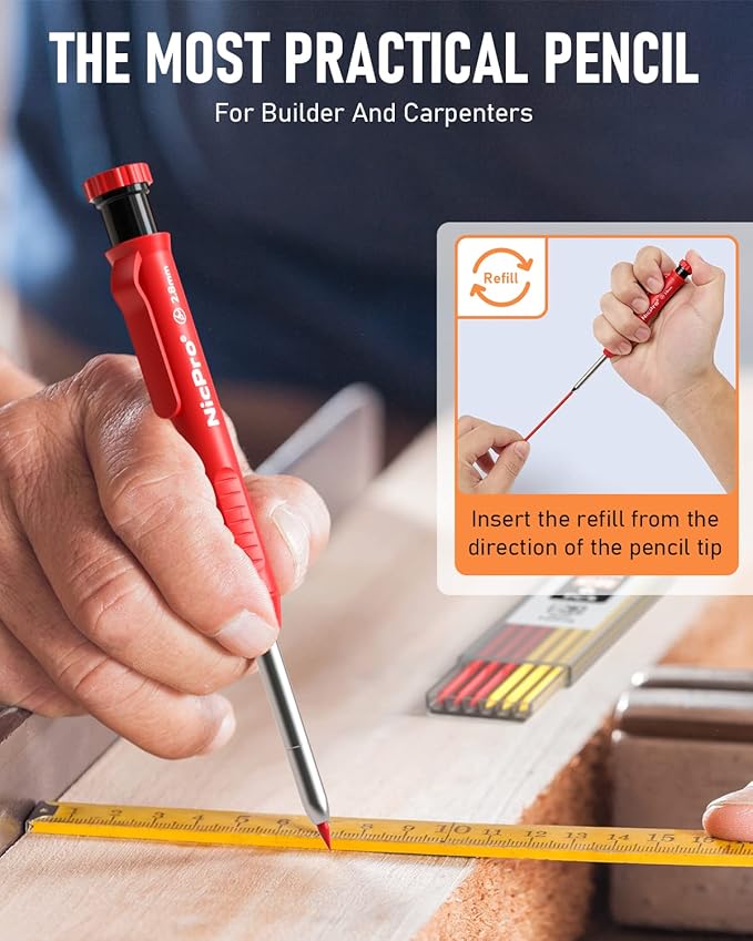 Nicpro 4 Pack Carpenter Pencils with Sharpener, (Red, Black, Yellow, Green) | Construction Mechanical Pencil Set +52 Refills, Heavy Duty Working Tools, Long Nib Marker Pens for Architect Marking