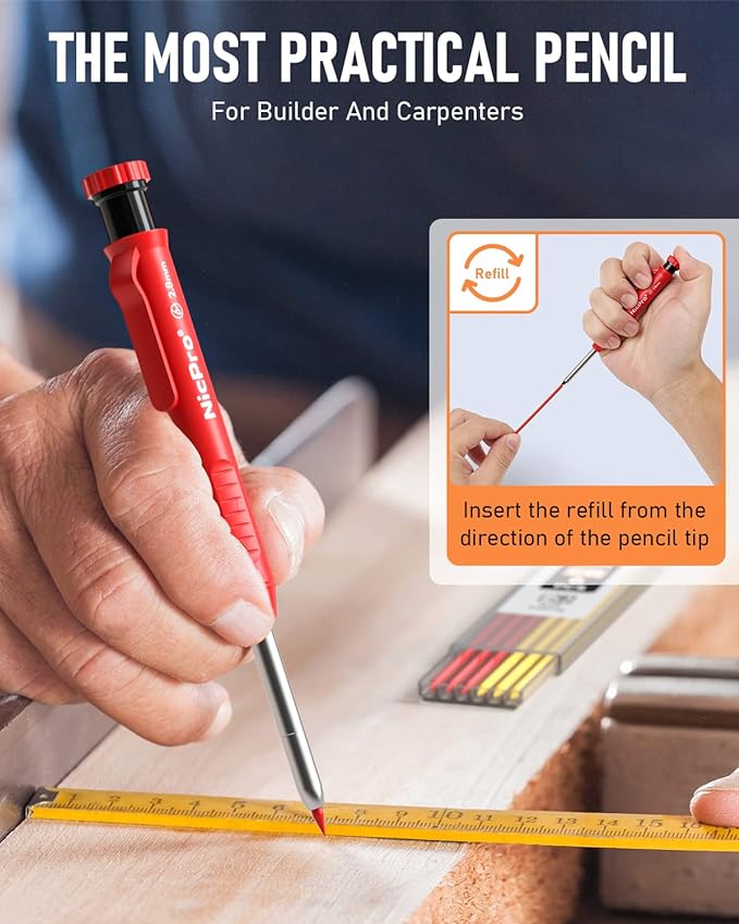 Nicpro 5 Pack Carpenter Pencil with Sharpener, Mechanical Carpenter Pencils | 41 Refills, Construction Pencil Heavy Duty Woodworking Pencils for Architect Marking (Red, Black, Orange, Blue, Black)