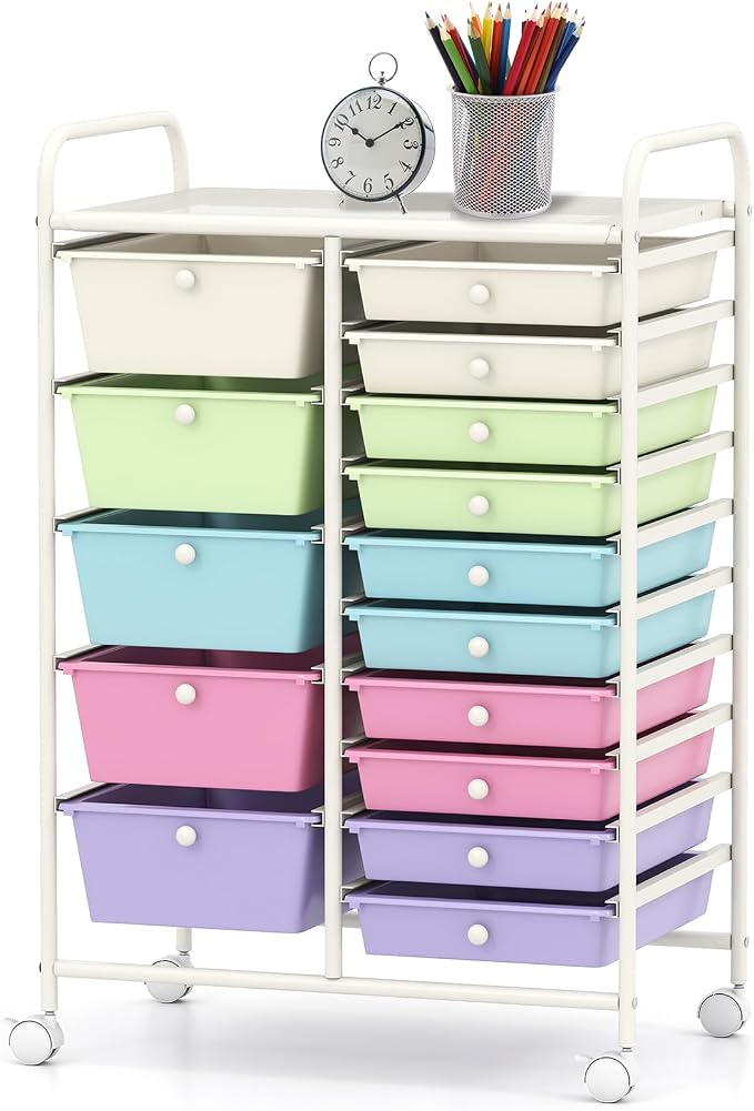 BECOMFORT 15-Drawer Rolling Cart with Drawers, Storage Cart on Wheels, Teacher Classroom Organizers with Metal Frame, Mobile Craft Cart for Tools, Trolley Utility Cart for School Office Play Room