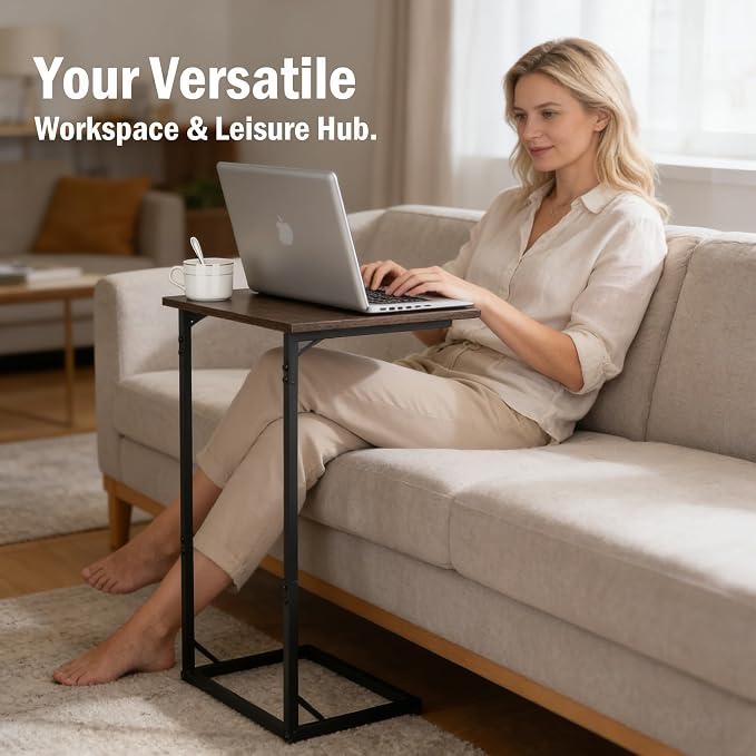 C Shaped End Table for Couch, Small Side Table for Living Room & Bedroom, Slide Under Sofa Table for Laptop, Coffee, Snacks, Easy Assembly, Modern Design