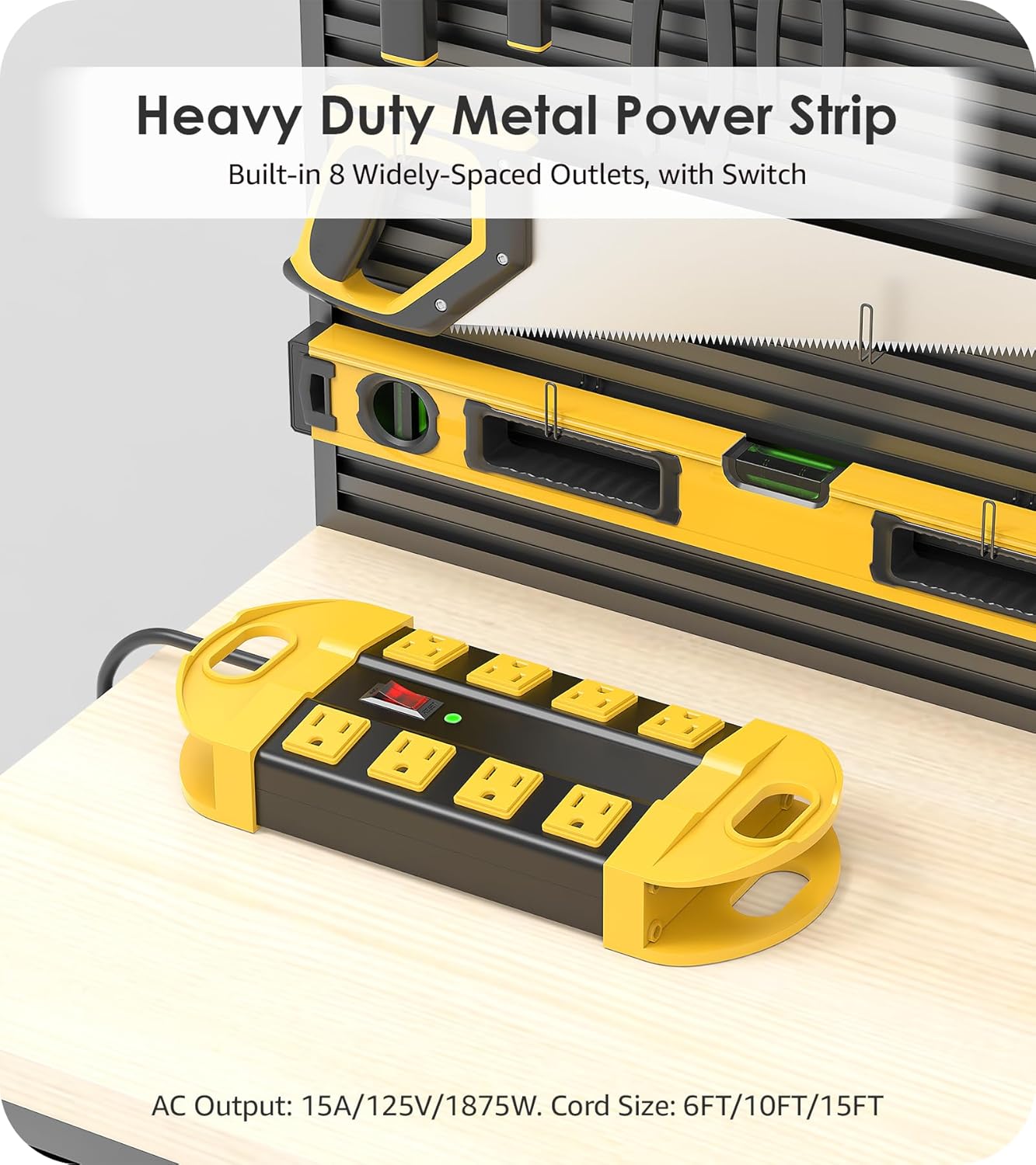 CCCEI Heavy Duty Power Strip Surge Protector, Metal 8 Outlets Power Strip for Appliance. Garage Shop Industrial Workbench 15 AMP Outlets Strip. 10FT Extension Cord, Yellow
