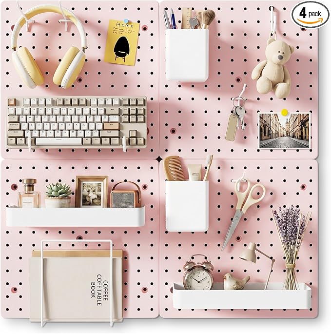 FZK Pink Modular Plastic Pegboard Wall Organizer Kit, 12x12, 4 Panels | ABS material, wall mount storage kit, includes hooks and shelves, drill free or screw installation, for home decor& bedroom
