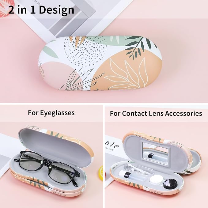 2 in 1 Contact Lens Case and Eyeglasses Case for Women Men Kids, Double Sided Hard Shell Portable Glasses Travel Holder with Built-in Mirror, Contact Lens Box Storage Kit, Boho Leaf