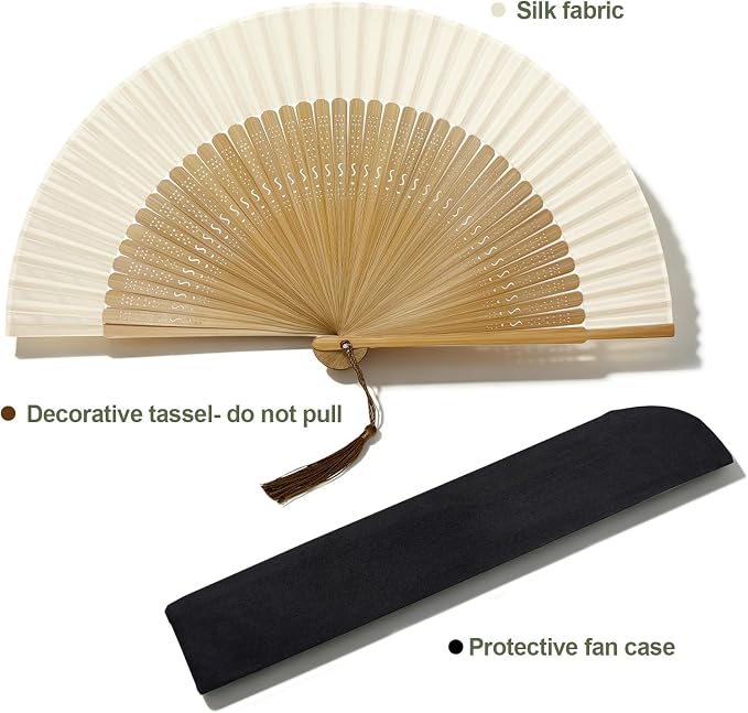 EOSAU Bamboo Hand Fan Foldable 8.3 Inch, Portable Folding Fan with Pouch for Church Wedding Makeup, Small Decorative Cooling Fan for Women (White/Bamboo Frame)