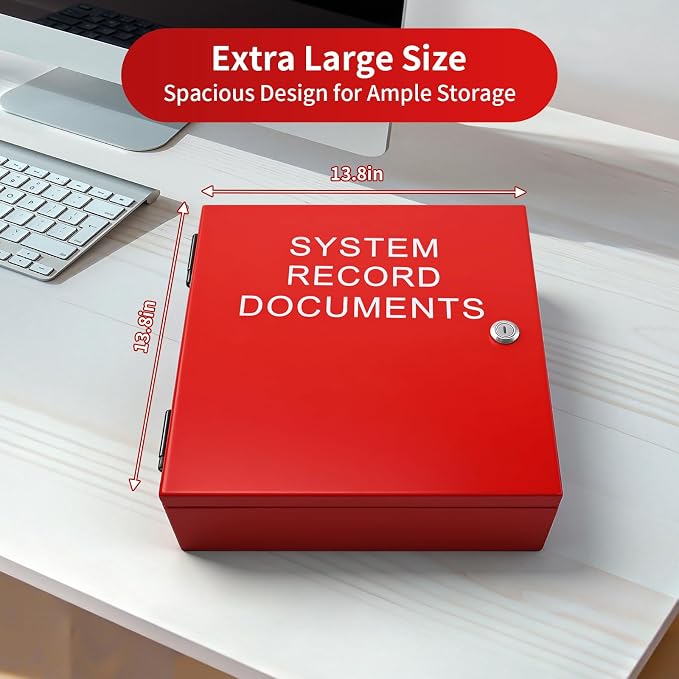 System Record Documents Enclosure, 13.8 X 13.8 Inch Fire Box for Documents, System File Cabinet Locking Document Storage for Office Home with Adjustable Spring Bookends, Red