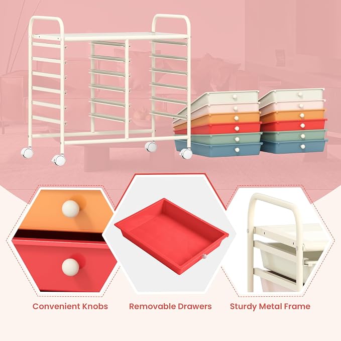 COSTWAY 12-Drawer Rolling Storage Cart, Utility Storage Organizer Cart | For Tools, Scrapbook, Paper, Craft, Multipurpose Art Supply Organizer on Wheels for Home Office School, Teacher, Macaron