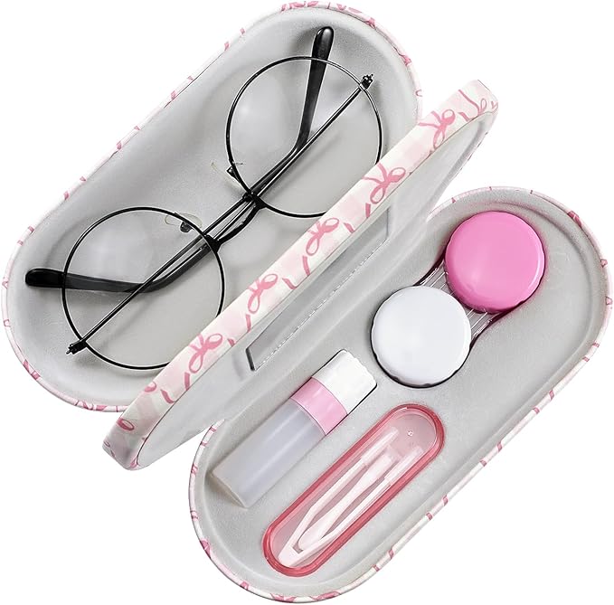 MoKo Double Eyeglass Case, Contact Lens Case with Mirror Tweezers Remover, 2 in 1 Double Sided Portable Contact Lens Box Holder Container Soak Storage Kit Sunglasses Pouch for Men & Women, Pink Scales