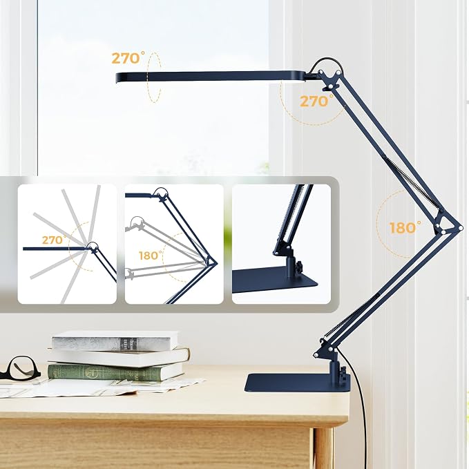 LED Desk Lamp with Slim Base - Adjustable Swing Arm Desk Light, Dimmable, Timer, Eye Protection, Memory Function, 1300LM, 12W, Blue