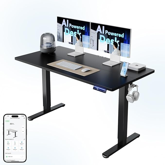 HUANUO AI-Powered Electric Standing Desk with Smart APP, Compatible with Alexa & Google, Adjustable Height, 6 Memory Settings, Sedentary Reminder, Ergonomic Sit-Stand Desk, 55-inch, Black