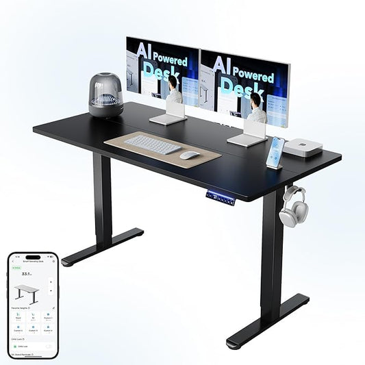 HUANUO AI-Powered Electric Standing Desk with Smart APP, Compatible with Alexa & Google, Adjustable Height, 6 Memory Settings, Sedentary Reminder, Ergonomic Sit-Stand Desk, 55-inch, Black