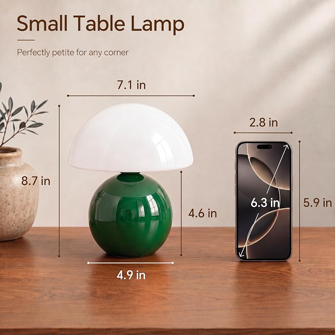 Mushroom Lamp Table Lamp for Bedroom-Small Table Lamps,Dark Green | 8.7" Mid Century Modern Table Lamps for Living Room Bedroom Decor,Cute Ceramic Lamps for Mushroom Home Room Decor,Glass Shade
